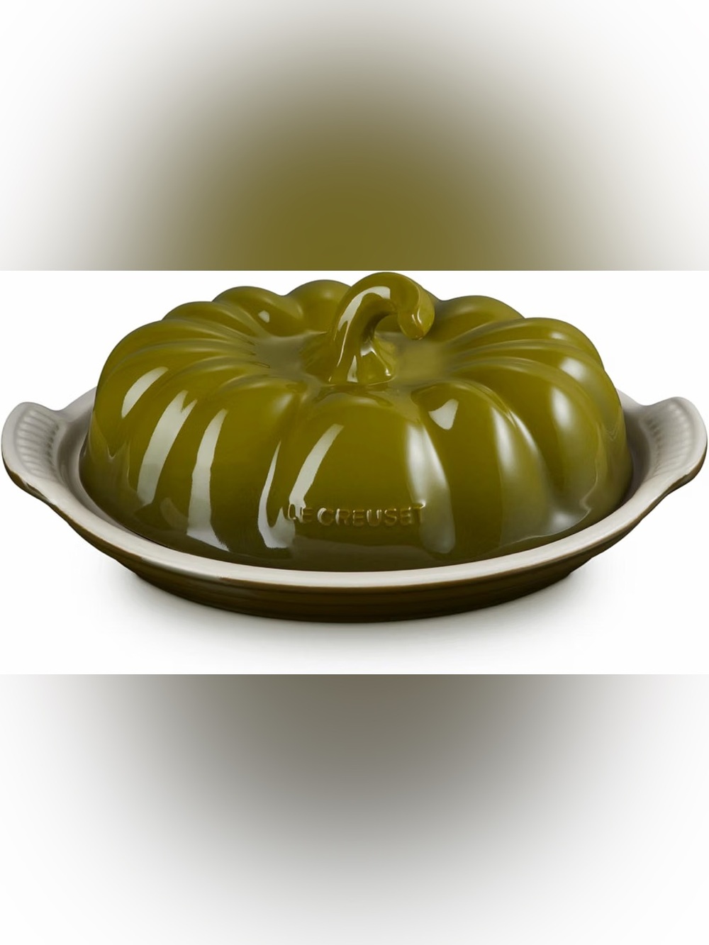 BNIB Le Creuset Stonewear Olive Green Pumpkin Butter Dish, discontinued color!